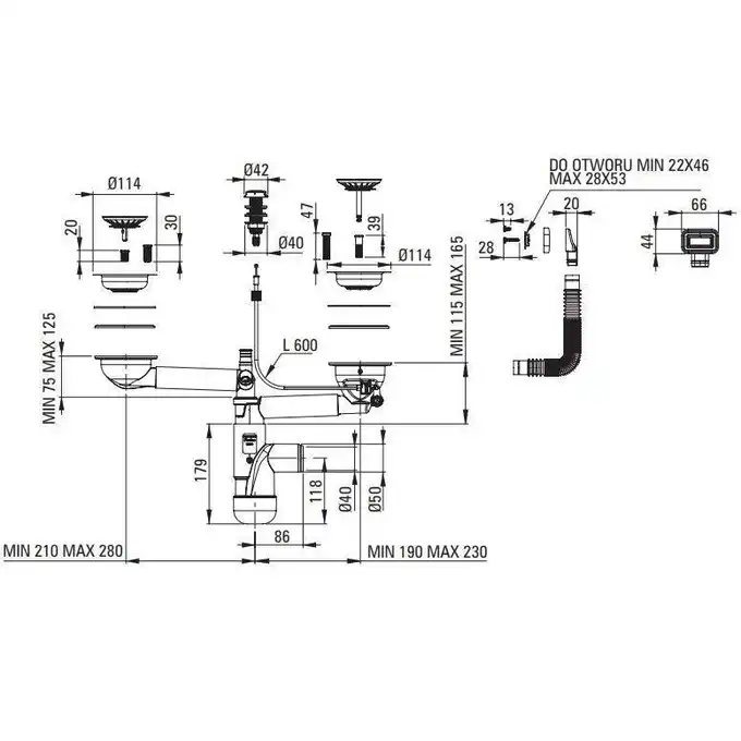 Zlewozmywak ERIDAN antracyt metalik granit 2-komorowy 880x500x200, 3,5&quot; + osprzęt SPACE SAVER LUX DEANTE ZQE_T20B