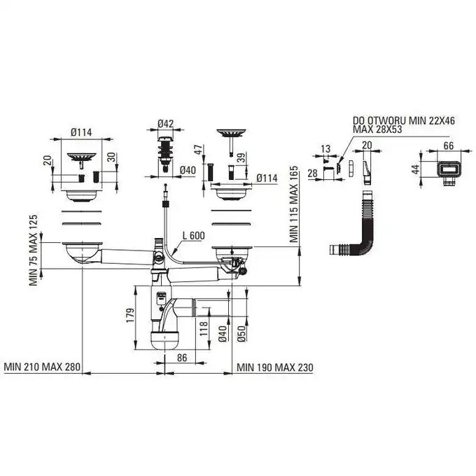 Zlewozmywak ERIDAN antracyt metalik granit 2-komorowy B/O 860x500x220, 3,5&quot; + osprzęt SPACE SAVER LUX DEANTE ZQE_T203