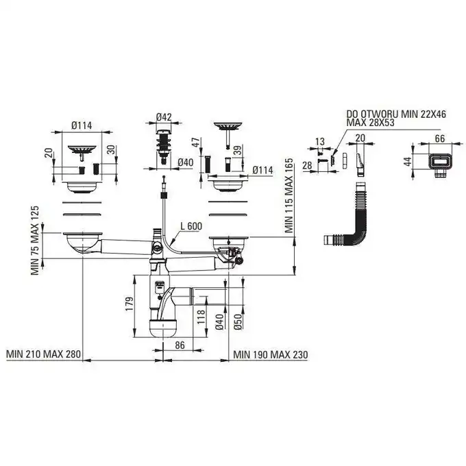 Zlewozmywak ERIDAN antracyt metalik granit 600x520x203 3,5&quot; + osprzęt SPACE SAVER LUX DEANTE ZQE_T503