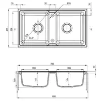 Zlewozmywak ZORBA grafitowy granit 2-komorowy B/O 780x435x180, 3,5&quot; + osprzęt DEANTE ZQZ_2203