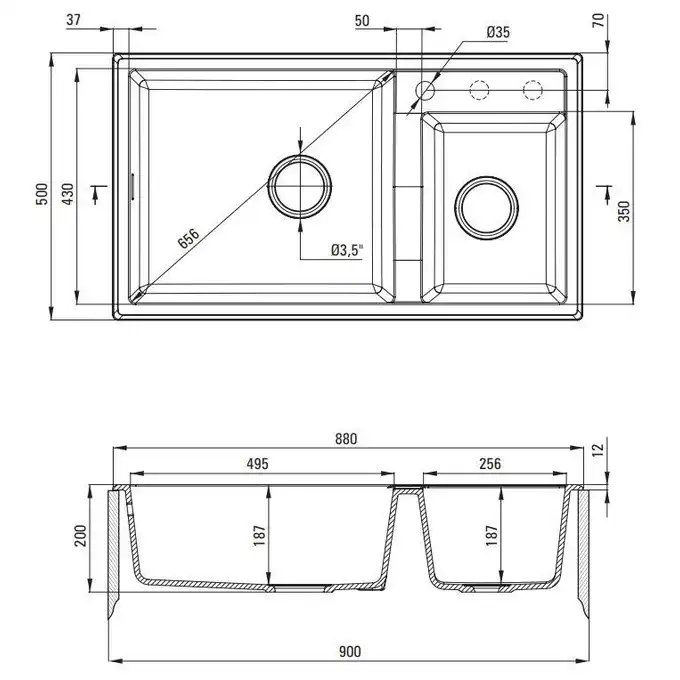 Zlewozmywak ERIDAN antracyt metalik granit 2-komorowy 880x500x200, 3,5&quot; + osprzęt SPACE SAVER LUX DEANTE ZQE_T20B