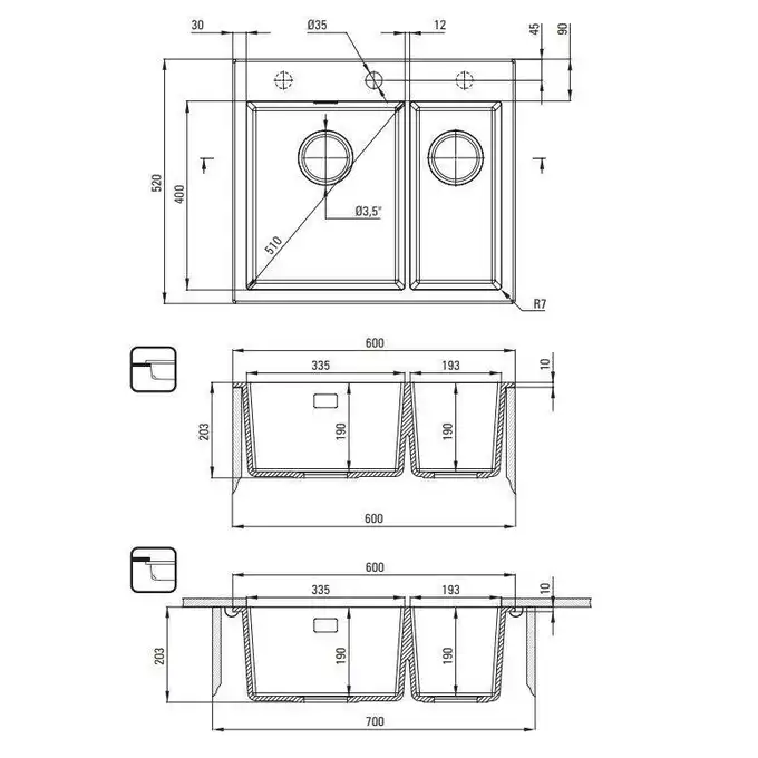 Zlewozmywak ERIDAN antracyt metalik granit 600x520x203 3,5&quot; + osprzęt SPACE SAVER LUX DEANTE ZQE_T503