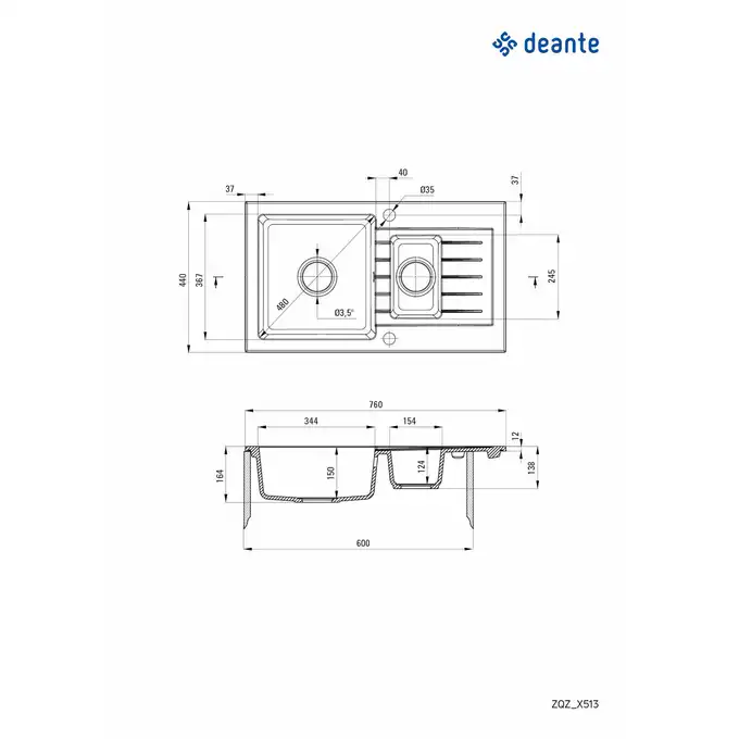 Zlewozmywak ZORBA piaskowy granit 1,5-kom Z/O 760x440x164, 3,5&quot; + osprzęt DEANTE ZQZ_7513