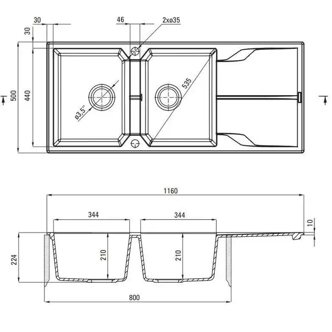 Zlewozmywak ANDANTE grafitowy granit 2-komorowy Z/O 1160x500x224, 3,5&quot; + osprzęt SPACE SAVER DEANTE ZQN_2213