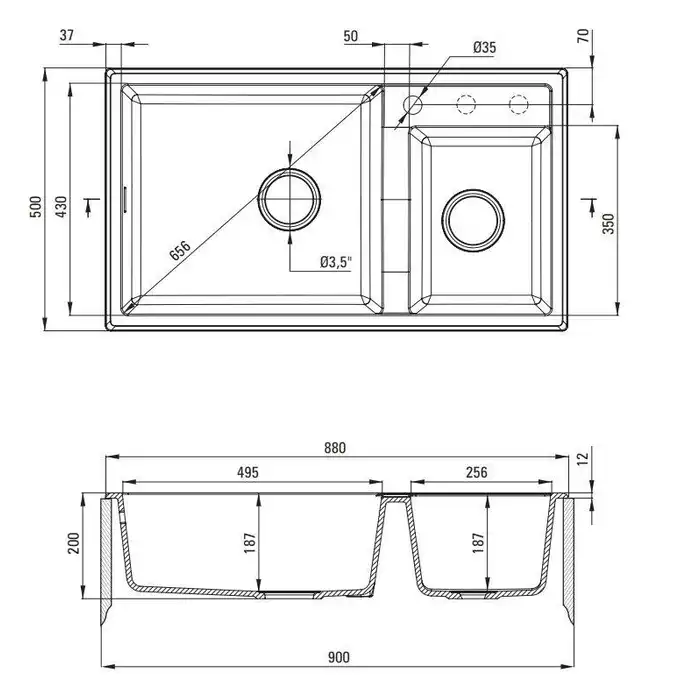 Zlewozmywak ERIDAN nero granit 2-komorowy 880x500x200, 3,5&quot; + osprzęt SPACE SAVER DEANTE ZQE_N20B