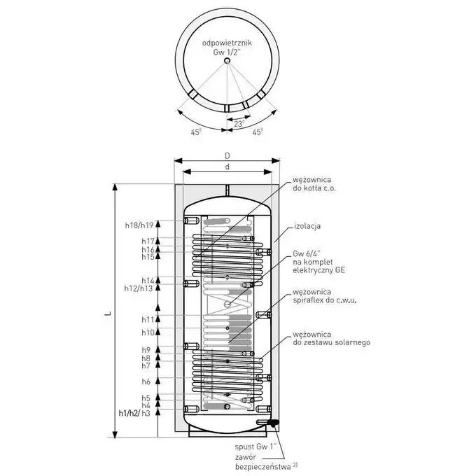 Akumulacyjny zbiornik warstwowy Multi-Inox 800 l z wężownicą inox do c.w.u. i dwiema wężownicami spiralnymi, izolacja Neodul, skay GALMET 72-801600