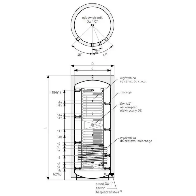 Akumulacyjny zbiornik warstwowy Multi-Inox 600 l z wężownicą inox do c.w.u. i wężownicą spiralną, izolacja Neodul, skay GALMET 71-601600