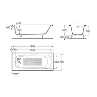 Prostokątna wanna żeliwna Continental ROCA A21291200R z powierzchnią antypoślizgową 160x70