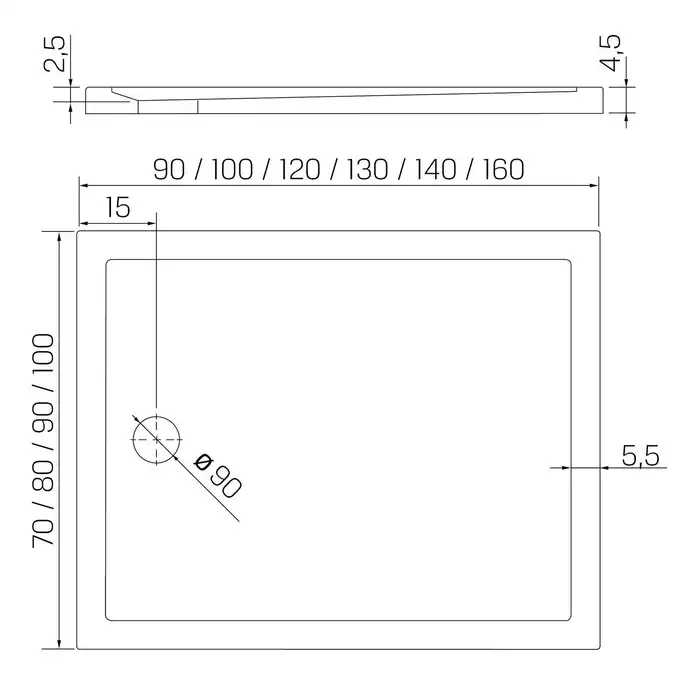 Brodzik NEW CANTARE prostokątny 130x90x4,5 obudowa zintegrowana gł. 2,5 cm, o90 NEW TRENDY B-0443