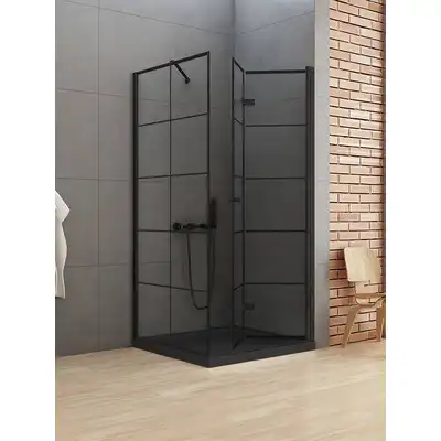 Kabina prysznicowa NEW SOLEO BLACK P kwadratowa 90x90x195 składane pojedyncze czyste 6mm AS - wzór kratka NEW TRENDY D-0290A/D-0121B