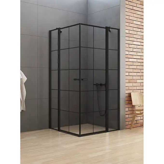 Kabina prysznicowa NEW SOLEO BLACK 2D kwadratowa 90x90x195 drzwi uchylne podwójne czyste 6mm AS - wzór kratka NEW TRENDY K-0580