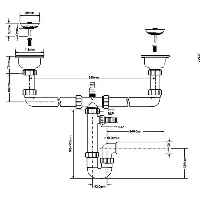 Syfon zlewozmywakowy rurowy podwójny 3,5&quot; x 50 mm z podłączeniem pralki lub zmywarki MCALPINE HC7HC12-POL