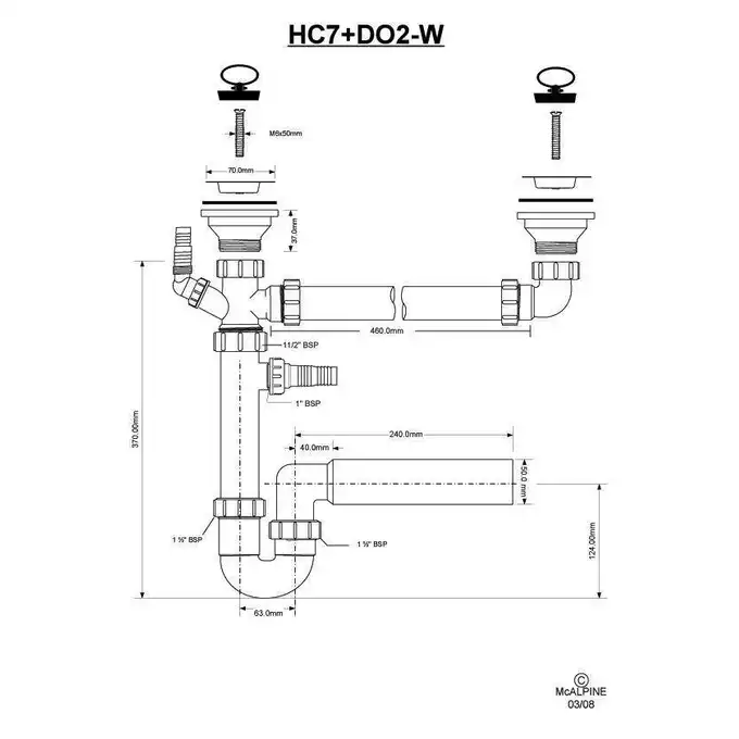 Syfon zlewozmywakowy rurowy podwójny 1 1/2&quot; x 50 mm z podłączeniem pralki i zmywarki MCALPINE HC7+DO2-W