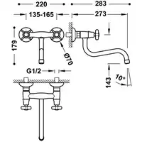 Bateria zlewozmywakowa stojąca ścienna Górną 273 mm (do ściany) Złoto 24K TRES 24231001OR