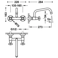 Bateria zlewozmywakowa stojąca ścienna Górną 273 mm (do ściany) Stary mosiądz TRES 24221501LV