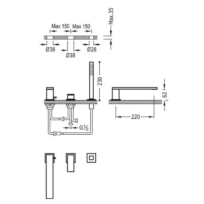 Bateria wannowa trzyotworowa z słuchawka antical Złoto 24K TRES 00616103OR