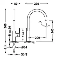 Bateria umywalkowa wylewka 22x22 mm Matowa czerń TRES 00660702NM