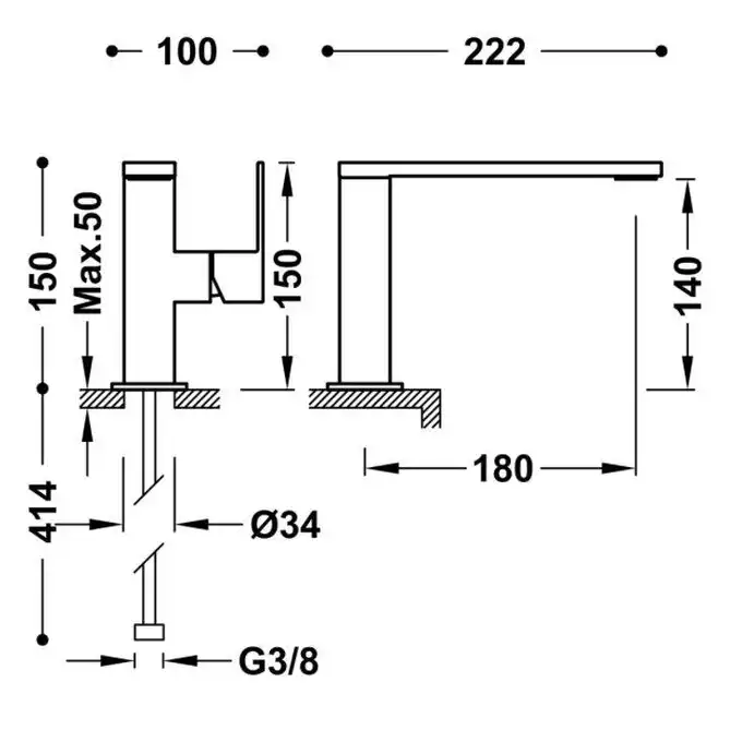 Bateria umywalkowa wylewka 34x10 mm Matowe złoto 24K TRES 00620501OM