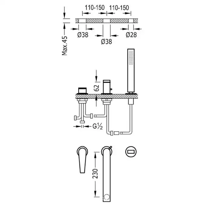 Bateria wannowa trzyotworowa CLASS z słuchawka antical Chrom TRES 20516101