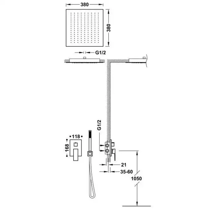 Jednouchwytowa bateria podtynkowa Rapid-Box (2-drożna) z regulacją strumienia 380x380 mm Matowa czerń TRES 00628005NM