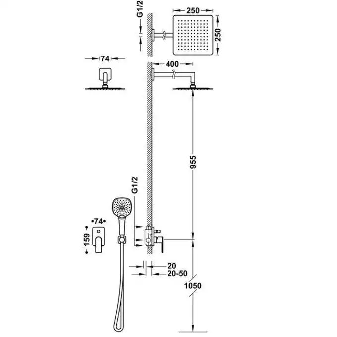Zestaw natryskowy z baterią podtynkową z regulacją strumienia 250x250 mm Chrom TRES 20018011