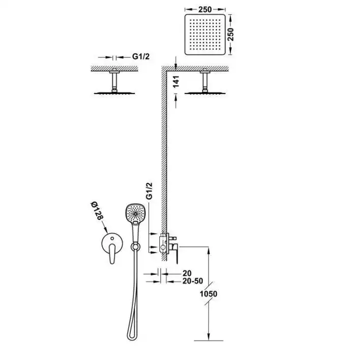 Zestaw natryskowy z baterią podtynkową z regulacją strumienia 250x250 mm Chrom TRES 20518007