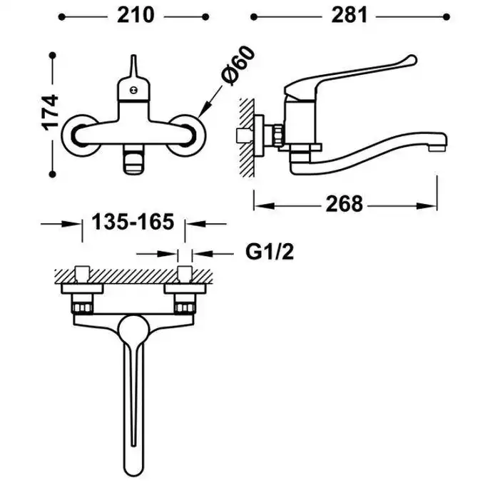 Bateria zlewozmywakowa ścienna z dźwignią medyczną, wylewka 200 mm Chrom TRES 2163200311