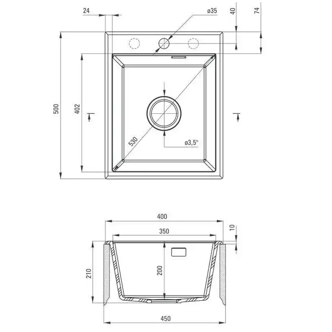 Zlewozmywak ERIDAN antracyt metalik granit 1-komorowy 400x500x212, 3,5&quot; + osprzęt SPACE SAVER LUX DEANTE ZQE_T104