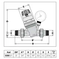 Regulator ciśnienia CALEFFI z wymiennym wkładem z manometrem oraz wskaźnikiem nastawy 3/4&quot; 535051